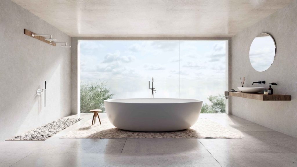 Freestanding bath and picture window in a small Fulham bathroom with built-in storage