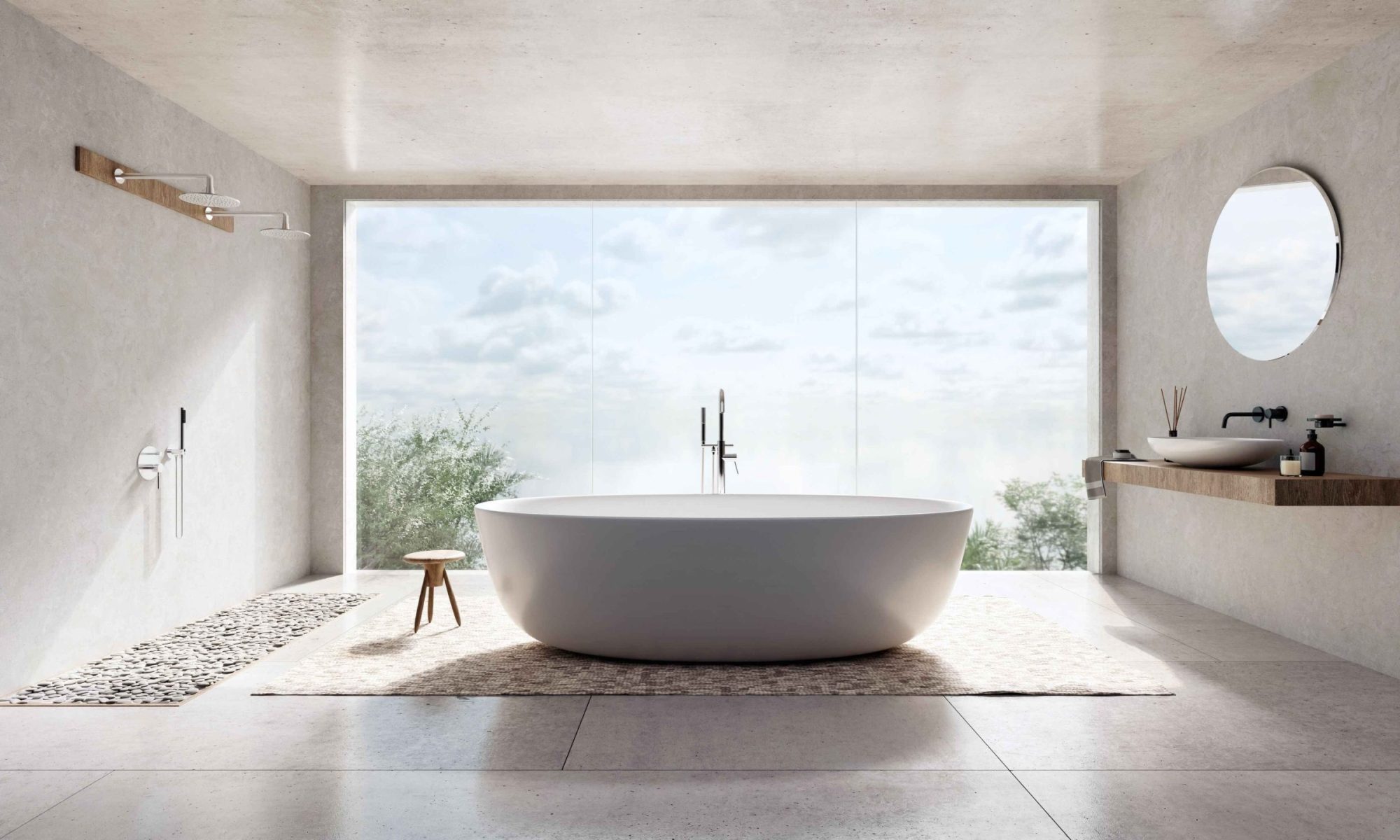 Freestanding bath and picture window in a small Fulham bathroom with built-in storage