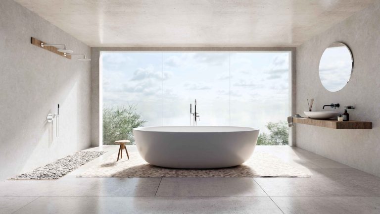 Freestanding bath and picture window in a small Fulham bathroom with built-in storage