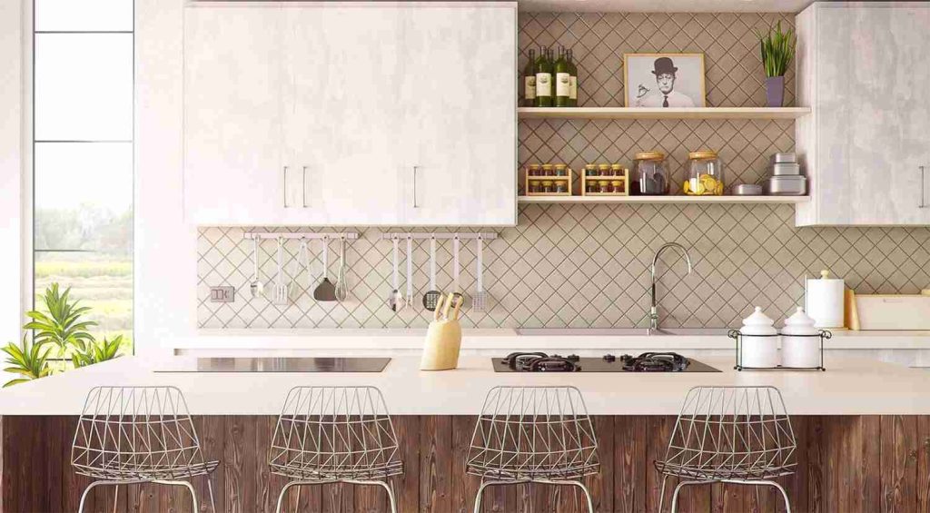 Ready to fit kitchen with timber cabinetry, stone splashback and open shelving
